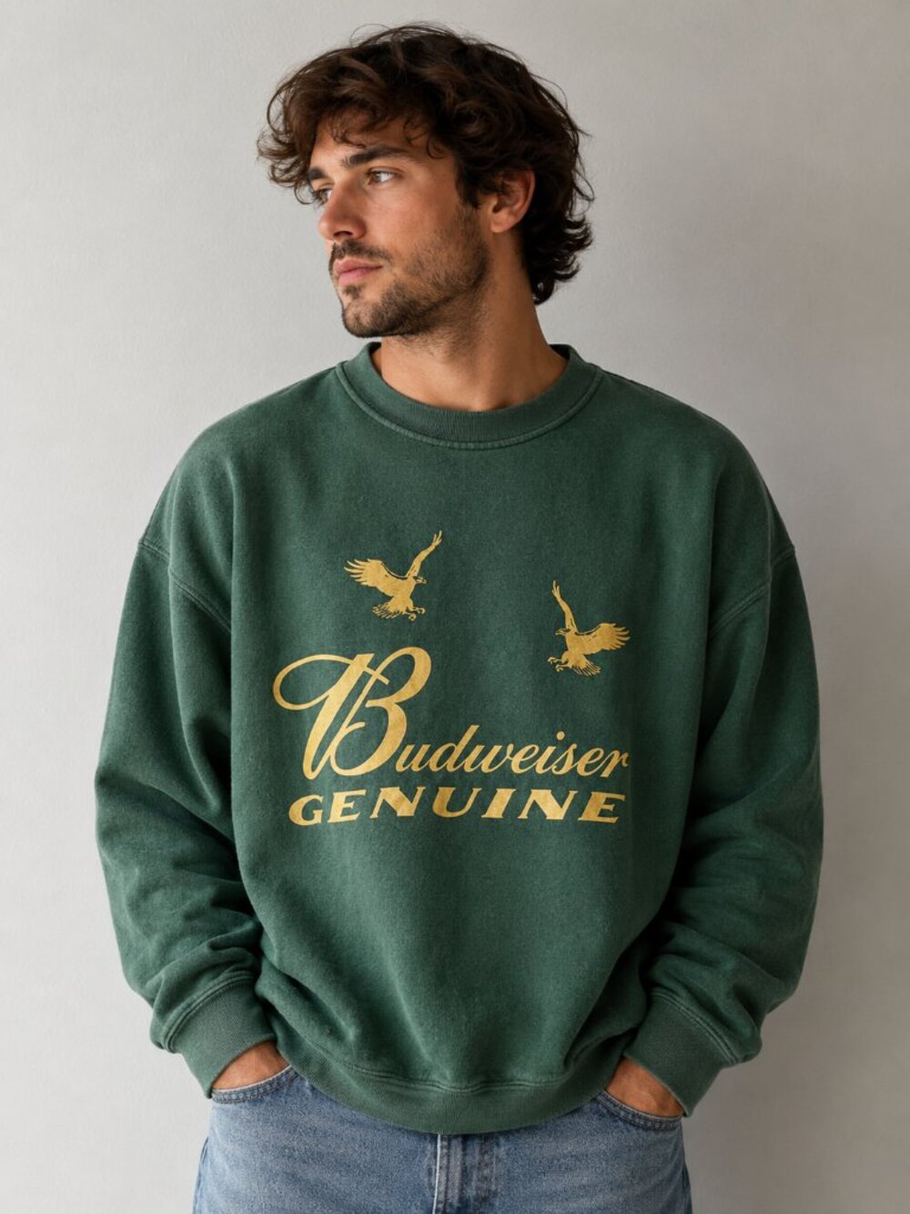 Budweiser Eagle Sweatshirt Green Americana Western Workwear Vintage Inspired